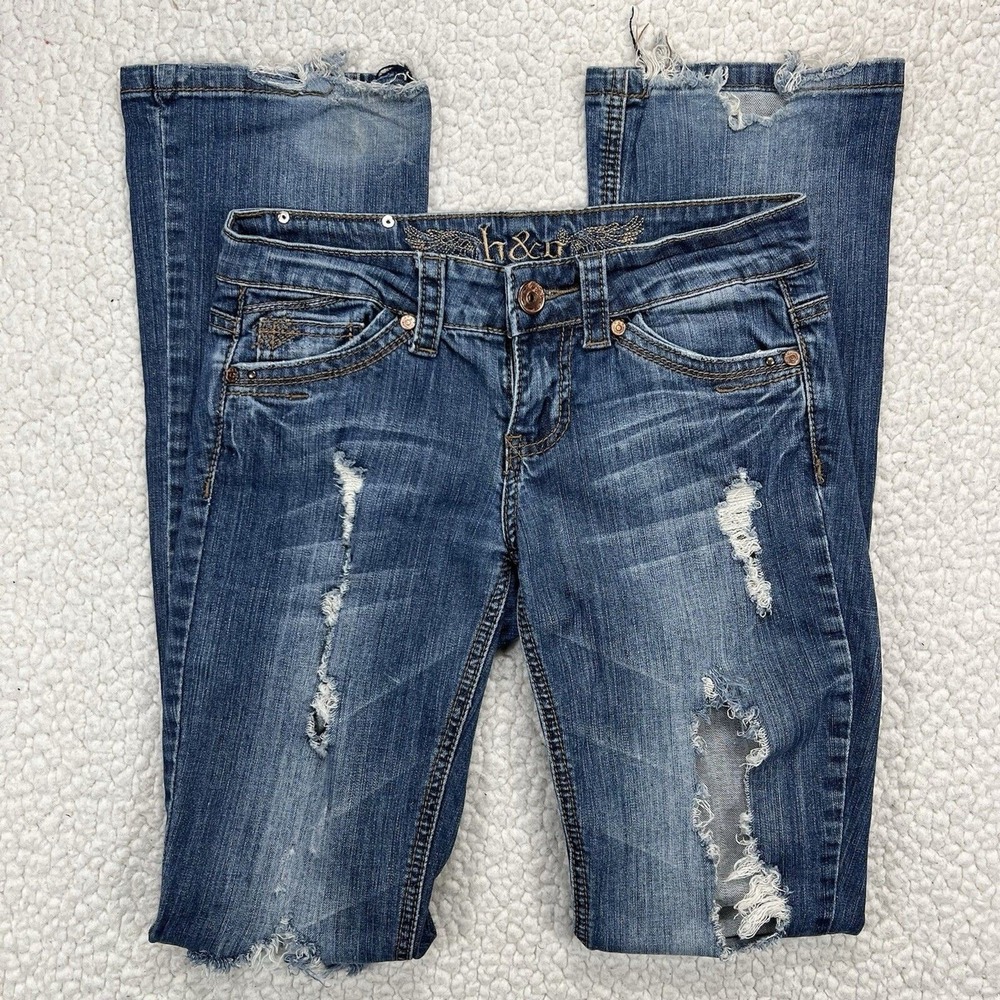 H&G Boot Cut Jeans Womens 3 (Actual 27x32) Blue Low Rise Distressed Boho Western